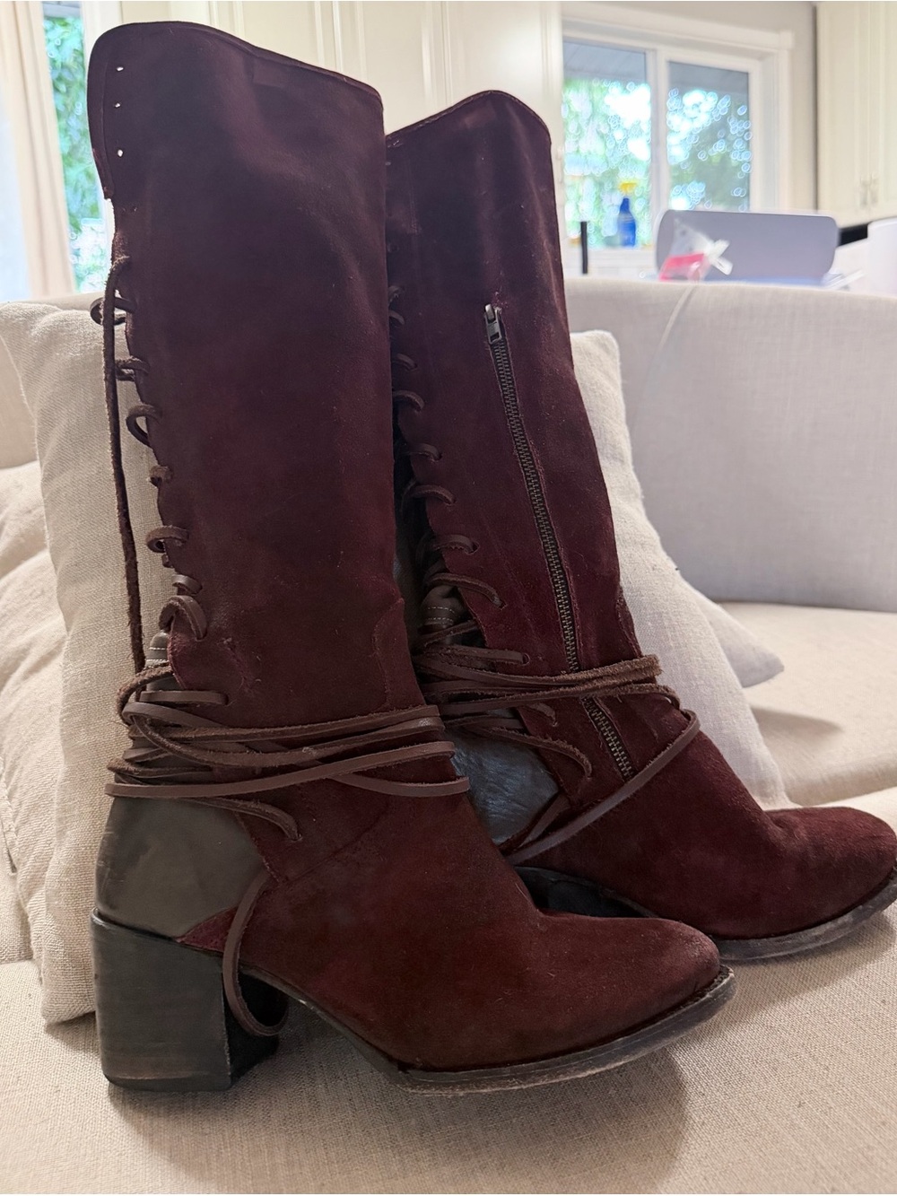Freebird by Steven Tall Lace-Up Suede Boots in Burgundy